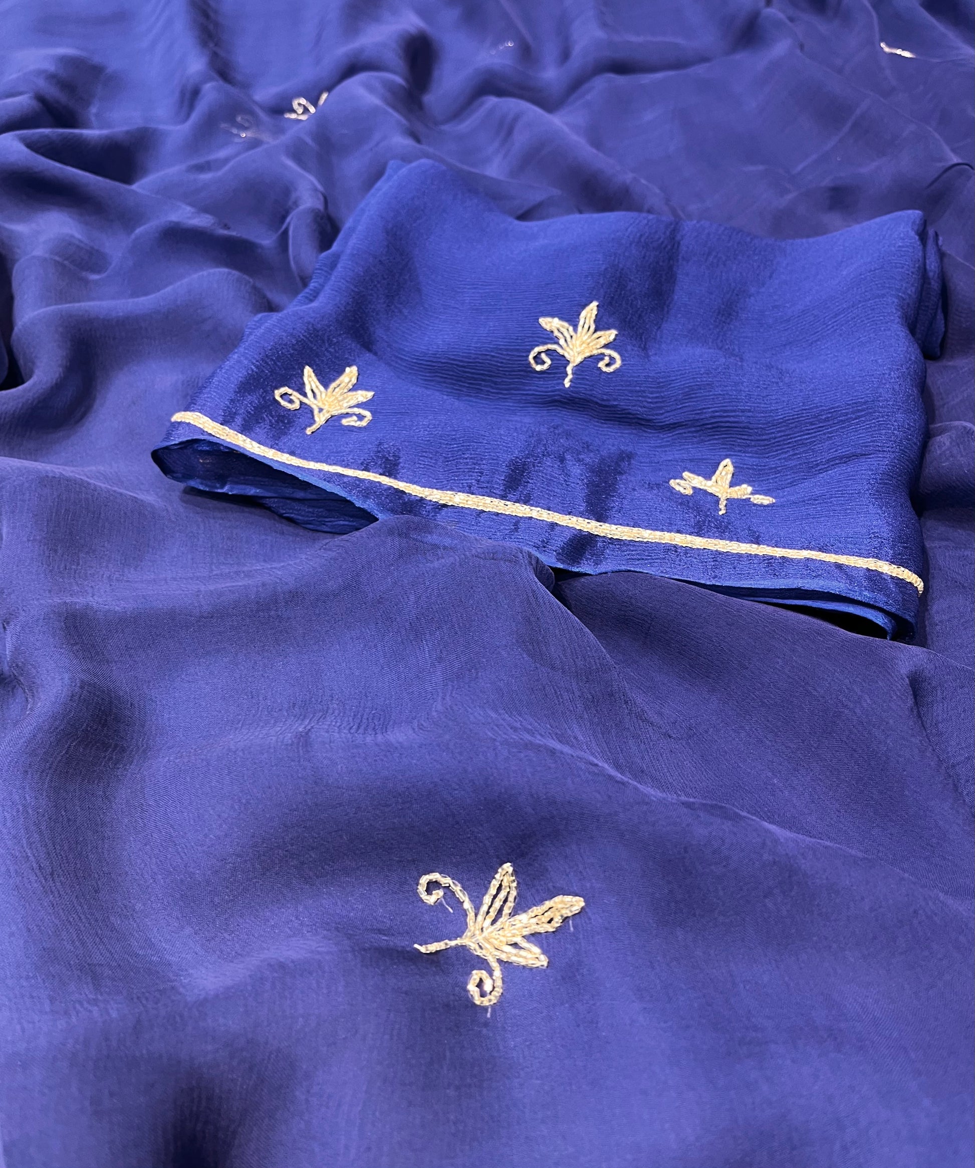 NAVY BLUE CHIFFON EMBROIDERED SAREE WITH SEQUINS, CUTDANA & AARI WORK - Kothari Sons