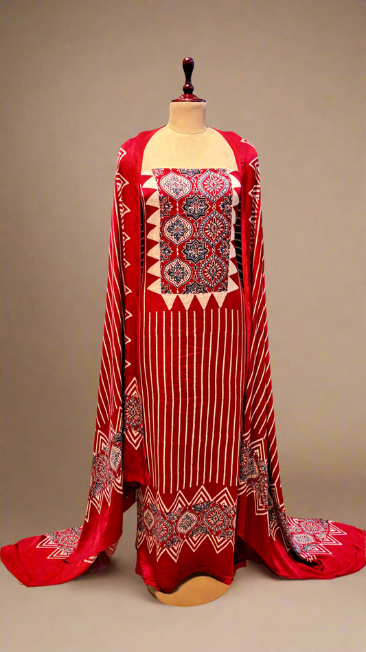 RED MODAL SATIN AJRAKH PRINTED UNSTITCHED SUIT