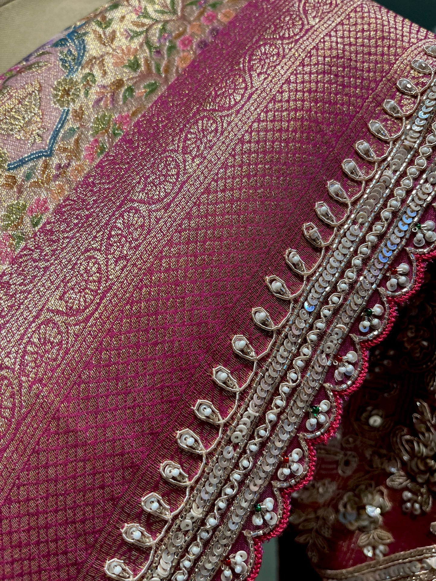 PINK BANARASI BROCADE SAREE WITH READYMADE BLOUSE EMBELLISHED WITH SEQUINS & ZARDOZI WORK