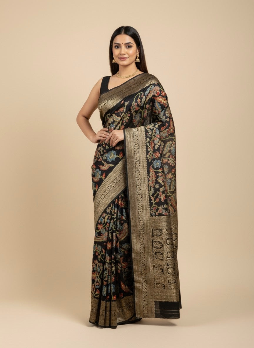 BLACK KALAMKARI KANJIVARAM SAREE WITH BROCADE BLOUSE (DELIVERY IN 20 DAYS)
