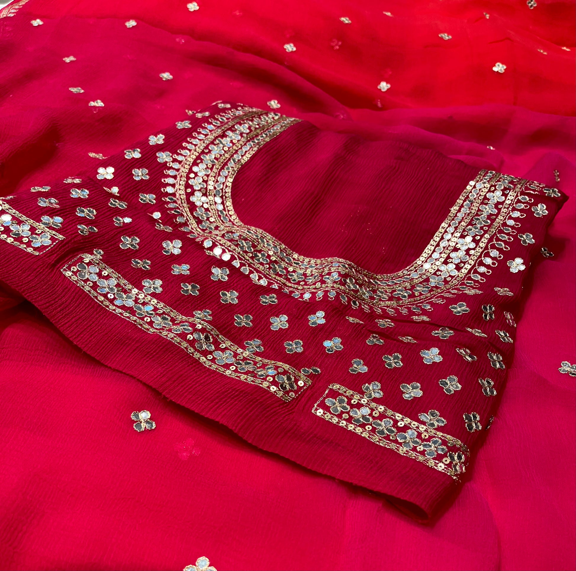 RED & PINK SHADED CHIFFON SAREE EMBELLISHED WITH FOIL MIRROR WORK - Kothari Sons