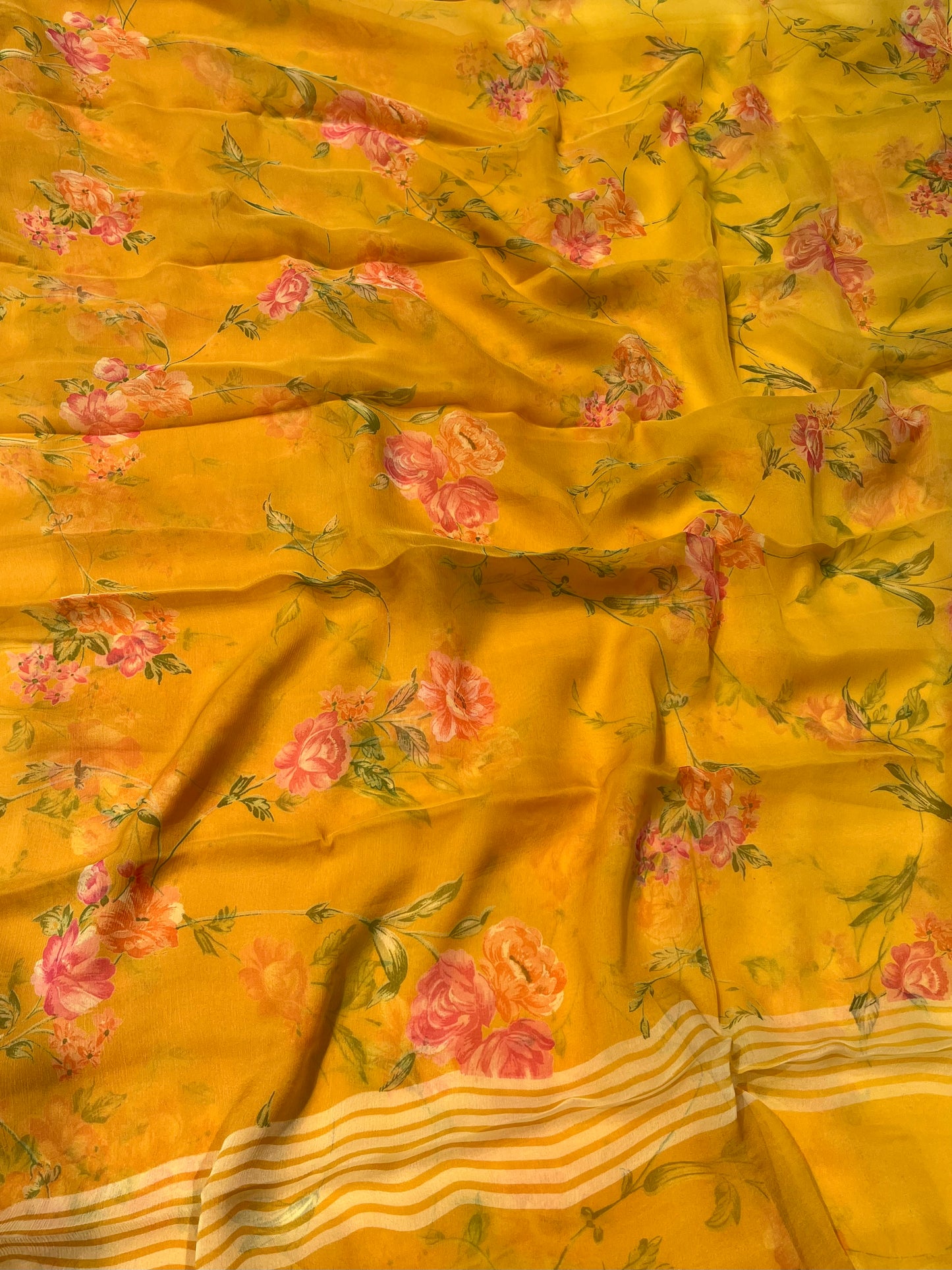MUSTARD COLOUR SHADED CHIFFON FLORAL PRINTED SAREE