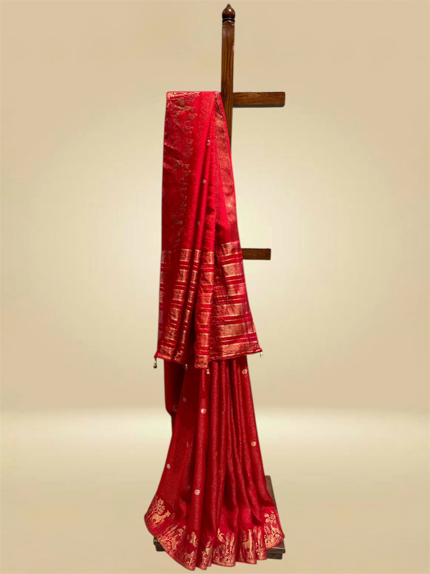 BRIGHT RED DOLA SILK ZARI STRIPE SAREE