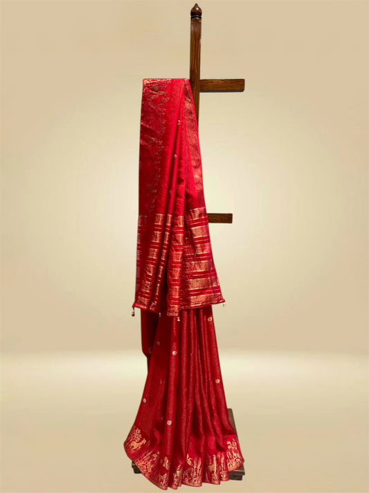 BRIGHT RED DOLA SILK ZARI STRIPE SAREE