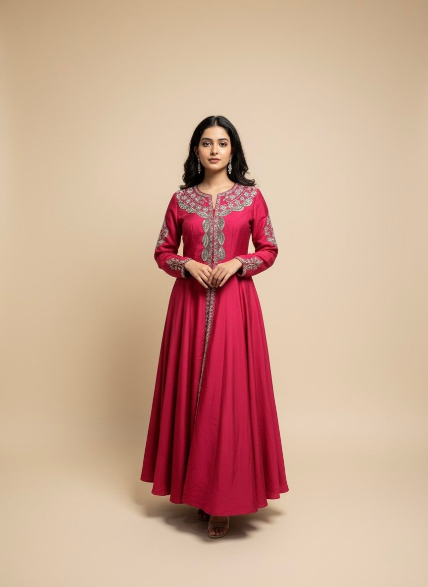 FUCHSIA PINK PURE RAW SILK ZARDOZI WORK EMBELLISHED INDO-WESTERN DRESS WITH FRONT-OPEN KURTA AND PALAZZO PANTS