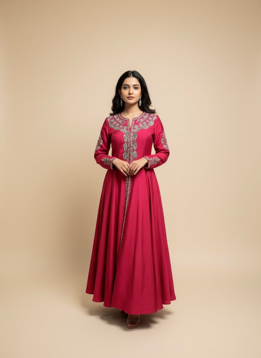 FUCHSIA PINK PURE RAW SILK ZARDOZI WORK EMBELLISHED INDO-WESTERN DRESS WITH FRONT-OPEN KURTA AND PALAZZO PANTS