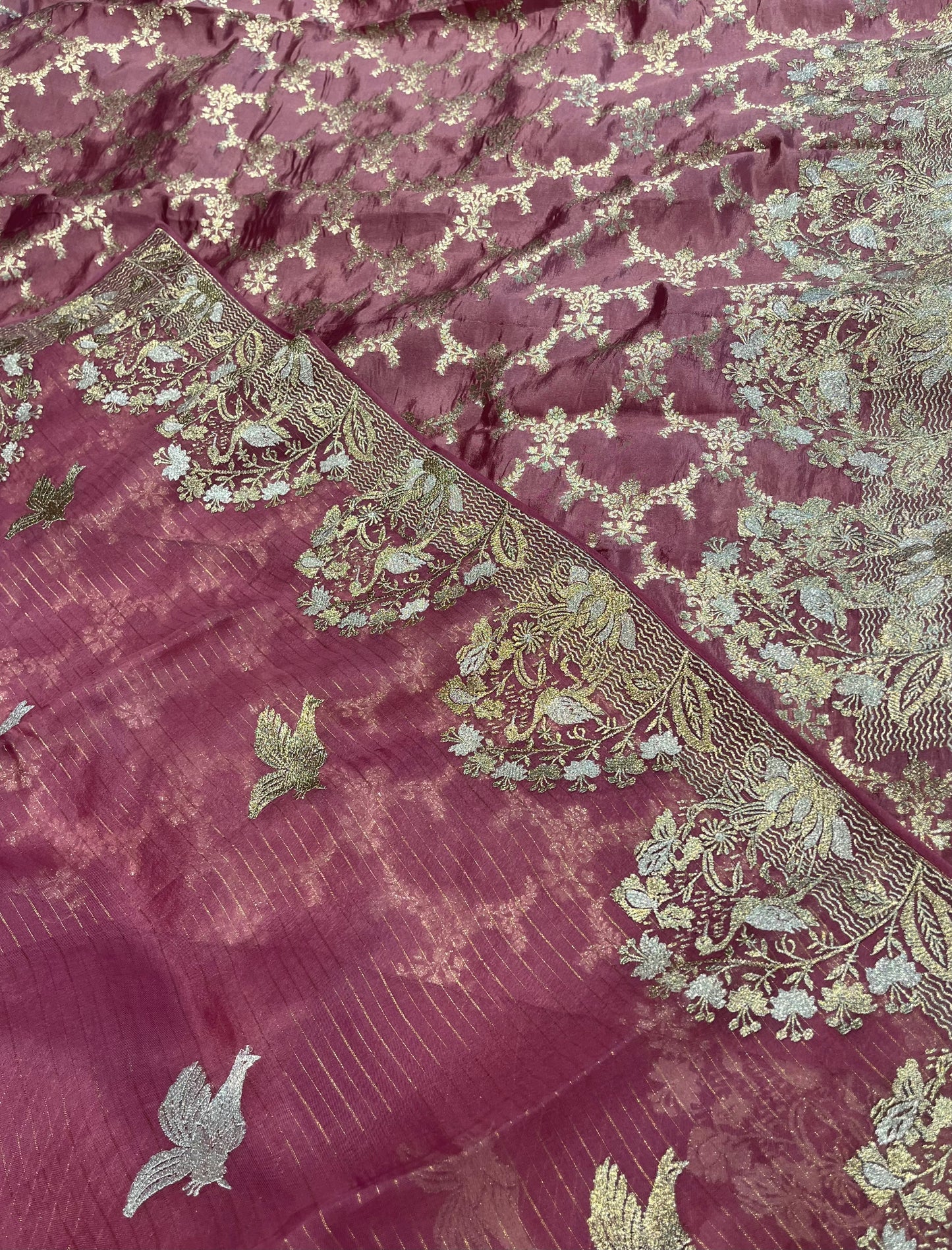 ONION COLOUR ORGANZA SILK ZARI EMBELLISHED SAREE WITH TUSSAR BROCADE SILK BLOUSE