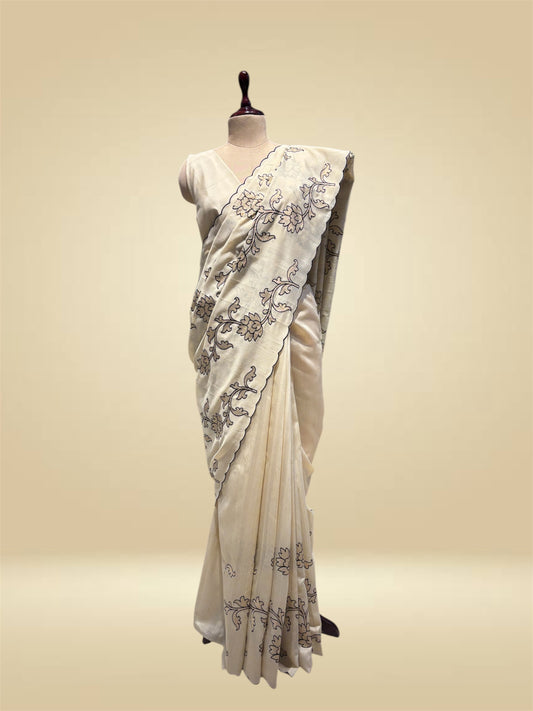 IVORY COLOUR ART TUSSAR SILK SAREE WITH APPLIQUÉ WORK