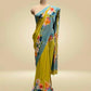 OLIVE YELLOW & MUTED TEAL BLUE PURE GEORGETTE FLORAL PRINTED SAREE (DELIVERY IN 20 DAYS)
