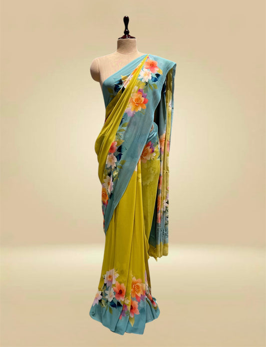 OLIVE YELLOW & MUTED TEAL BLUE PURE GEORGETTE FLORAL PRINTED SAREE (DELIVERY IN 20 DAYS)