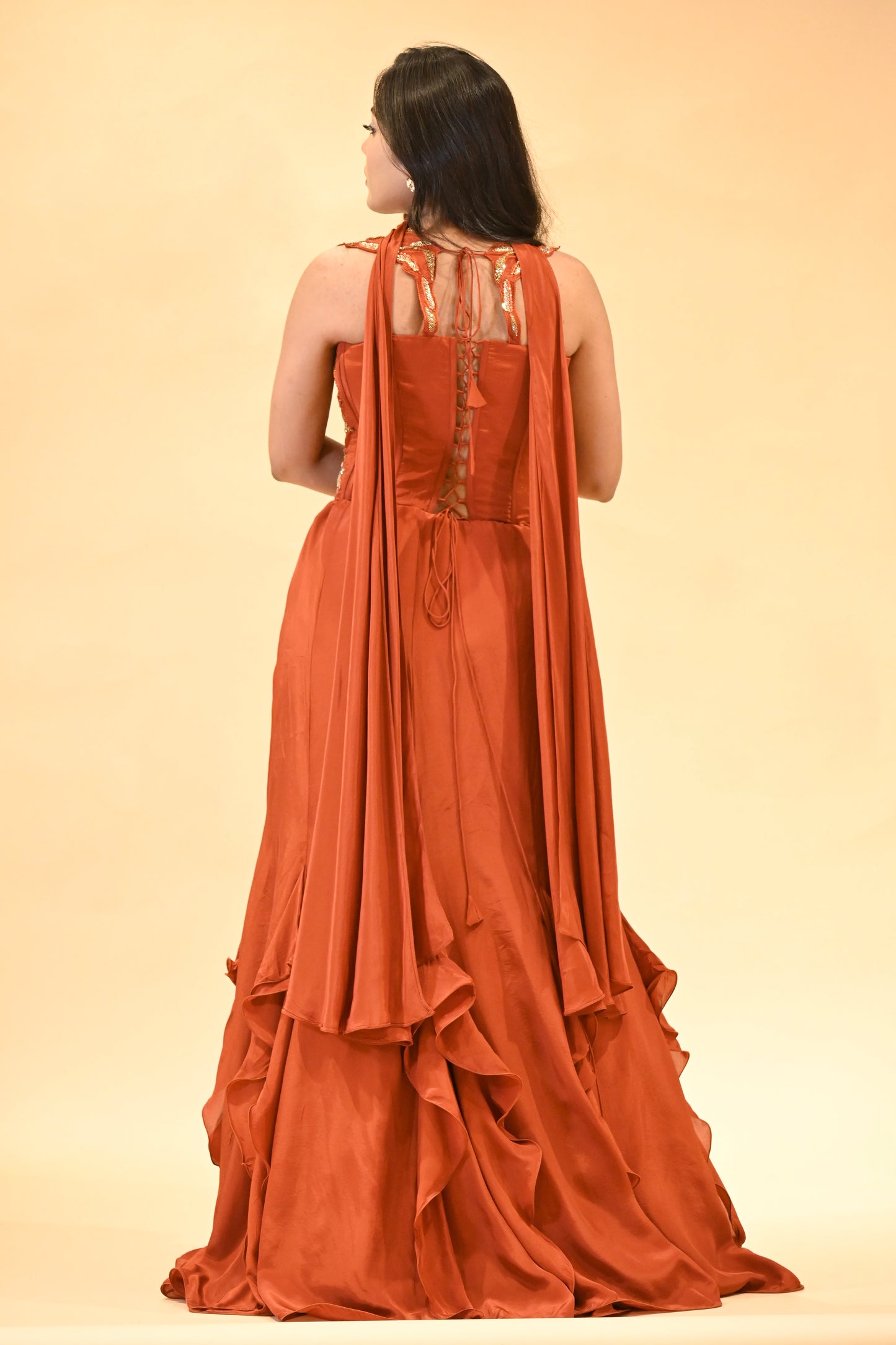 RUST-ORANGE EMBROIDERED CORSET TOP & FISH-CUT RUFFLED SKIRT SET