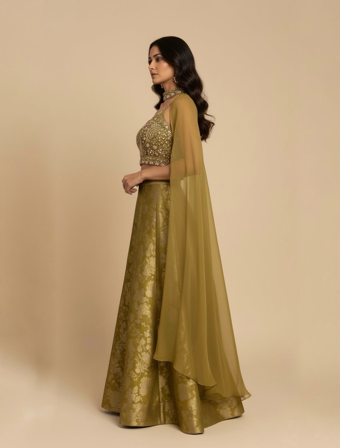 MEHENDI GREEN BROCADE TISSUE PALAZZO PANT WITH BEADS & SEQUINS EMBELLISHED CROP TOP AND DUPATTA