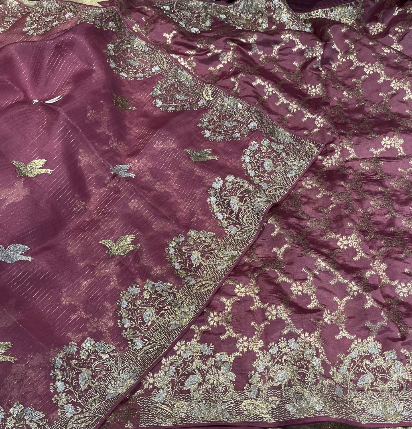 ONION COLOUR ORGANZA SILK ZARI EMBELLISHED SAREE WITH TUSSAR BROCADE SILK BLOUSE