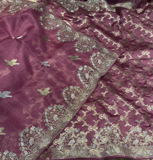 ONION COLOUR ORGANZA SILK ZARI EMBELLISHED SAREE WITH TUSSAR BROCADE SILK BLOUSE