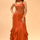 RUST-ORANGE EMBROIDERED CORSET TOP & FISH-CUT RUFFLED SKIRT SET
