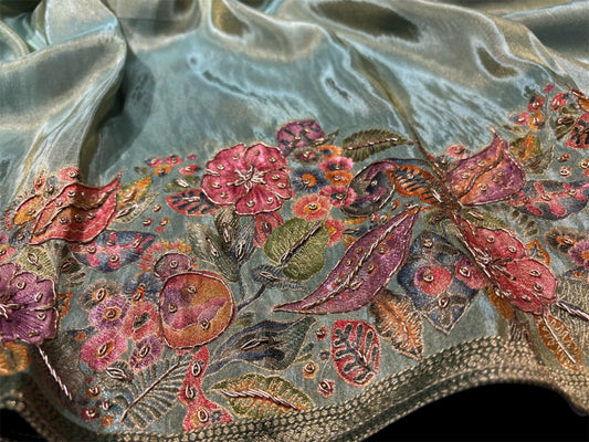 SEA GREEN TISSUE SAREE WITH RANGKAT ZARDOZI BORDER