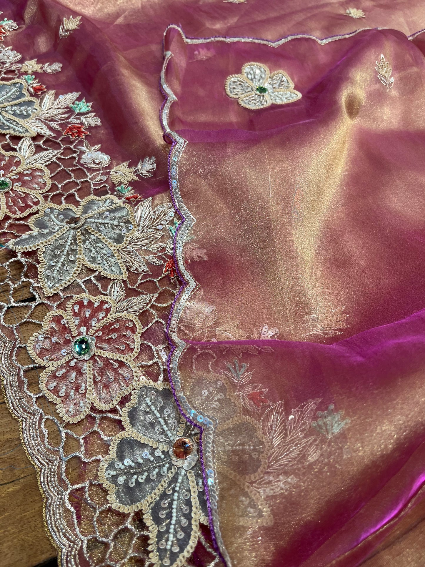 COPPER ROSE GOLD COLOUR TISSUE UNSTITCHED SUIT SET WITH CUTDANA & SEQUINS WORK (DELIVERY IN 20 DAYS)