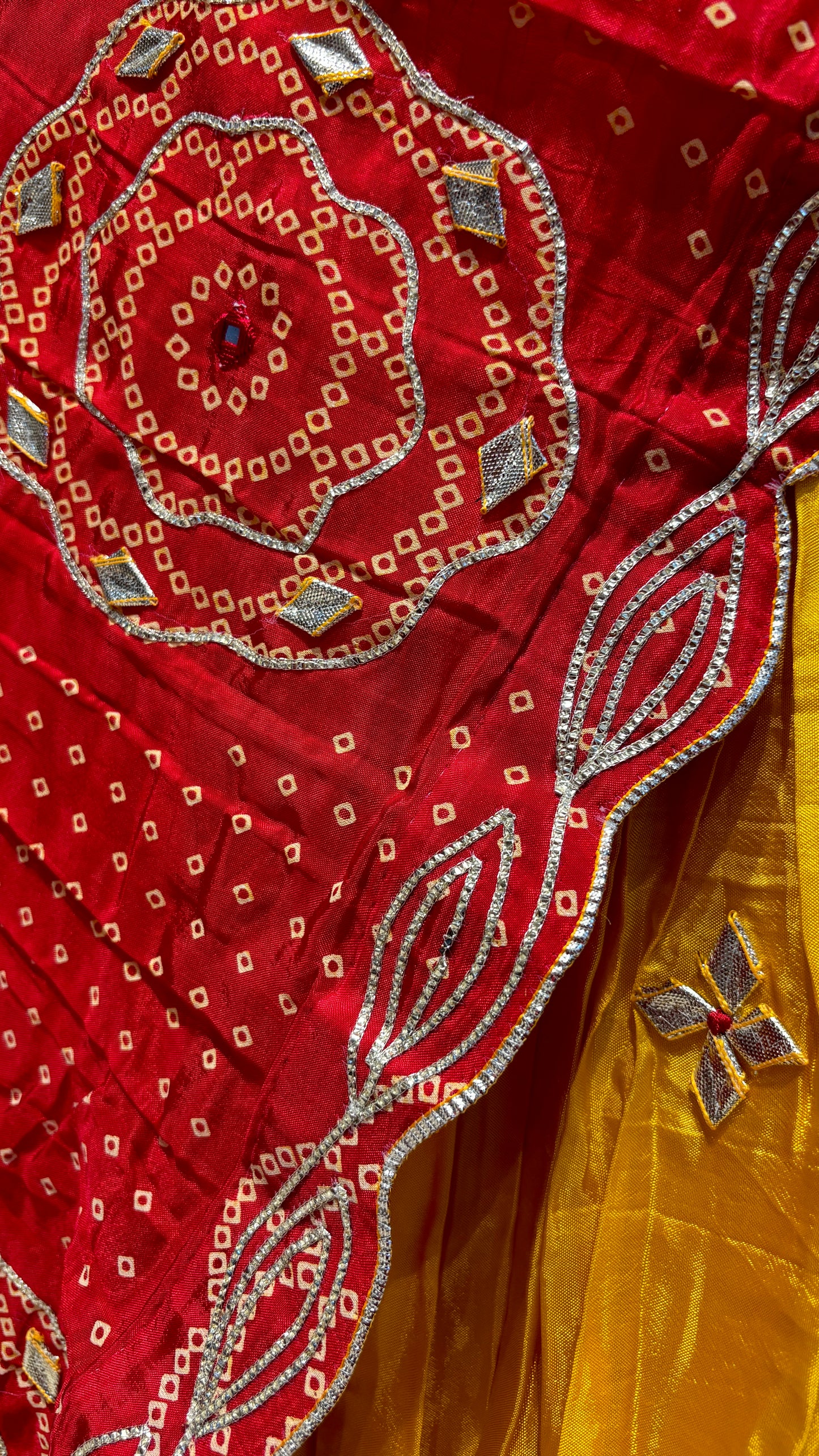 YELLOW–RED SHADED SILK BANDHANI LEHENGA WITH GOTA PATTI WORK
