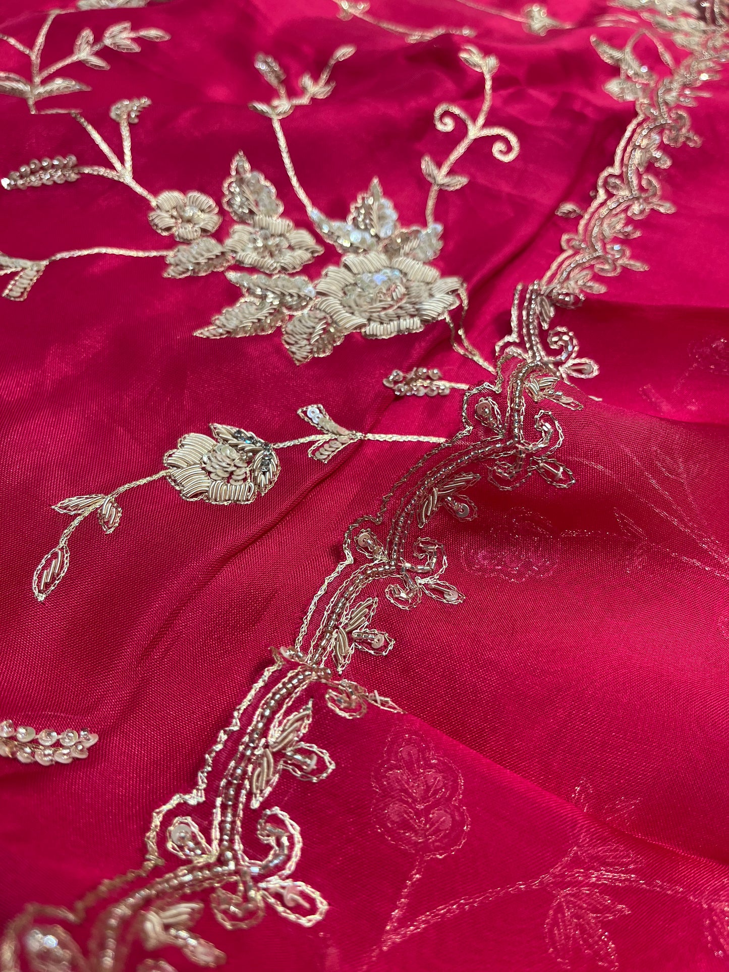 HOT PINK PURE ORGANZA EMBROIDERED UNSTITCHED SUIT WITH ZARDOZI & SEQUIN EMBROIDERY (DELIVERY IN 20 DAYS)