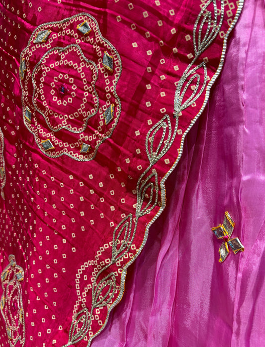 SHADED PINK SILK BANDHANI LEHENGA WITH GOTA PATTI WORK