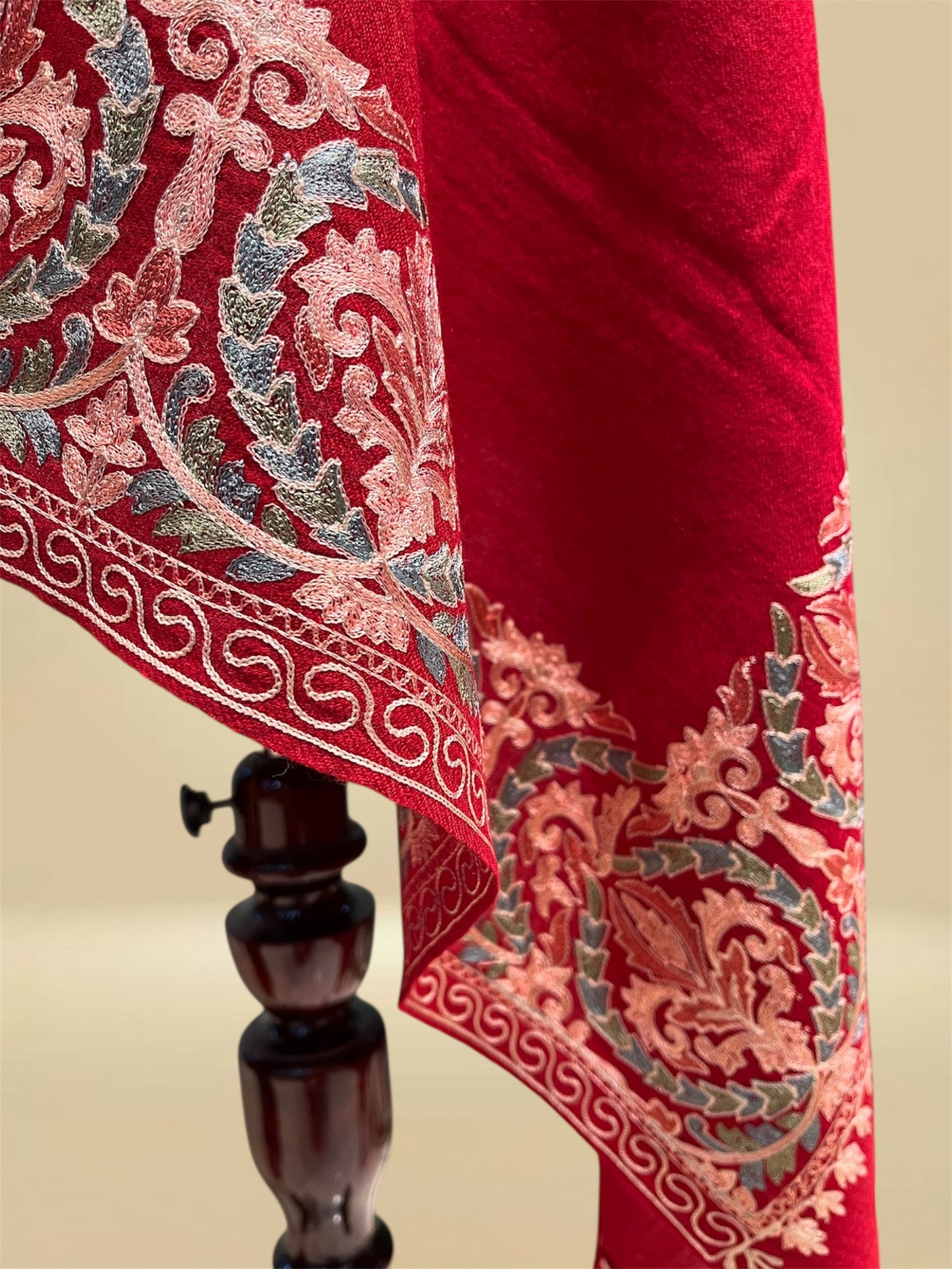 RED WOOLLEN SHAWL WITH KASHMIRI RESHAM EMBROIDERED BORDER