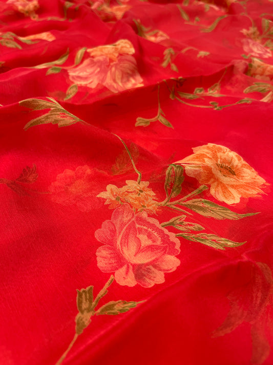 RED COLOUR SHADED CHIFFON FLORAL PRINTED SAREE