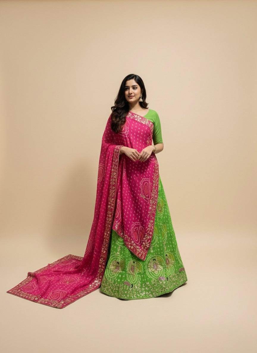 PARROT GREEN AND RANI PINK PURE GEORGETTE OJARIYA LEHENGA WITH GOTA PATTI WORK