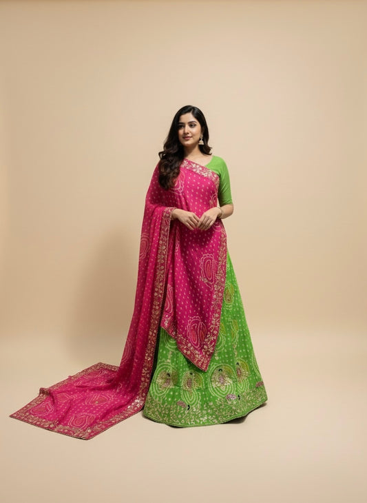 PARROT GREEN AND RANI PINK PURE GEORGETTE OJARIYA LEHENGA WITH GOTA PATTI WORK