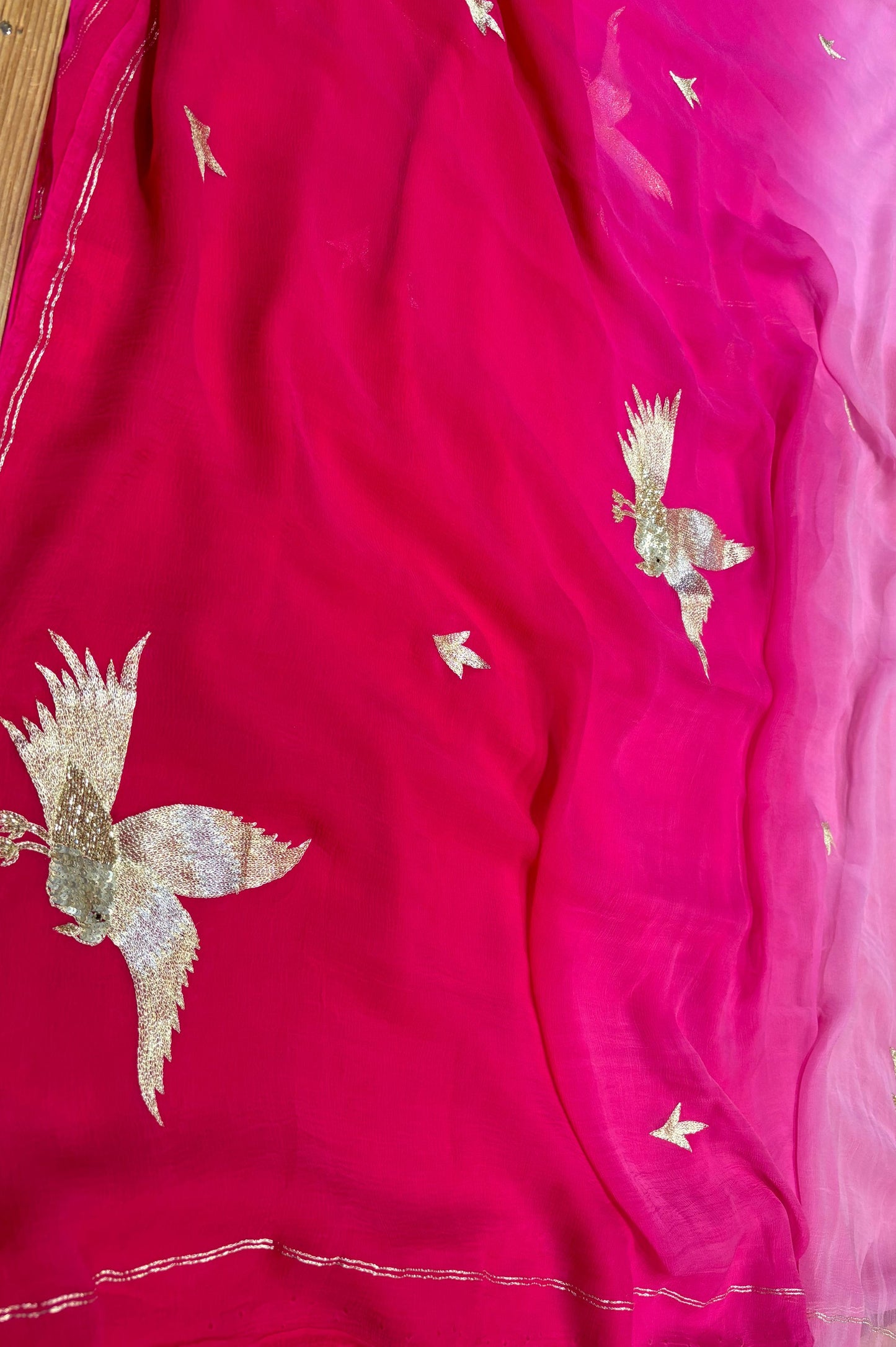 AARI SEQUINS EMBROIDERED BRID MOTIFS ON PINK SHADED CHIFFON SAREE