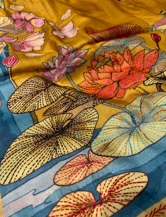 MUSTARD COLOUR PURE TUSSAR SILK EMBROIDERED SAREE