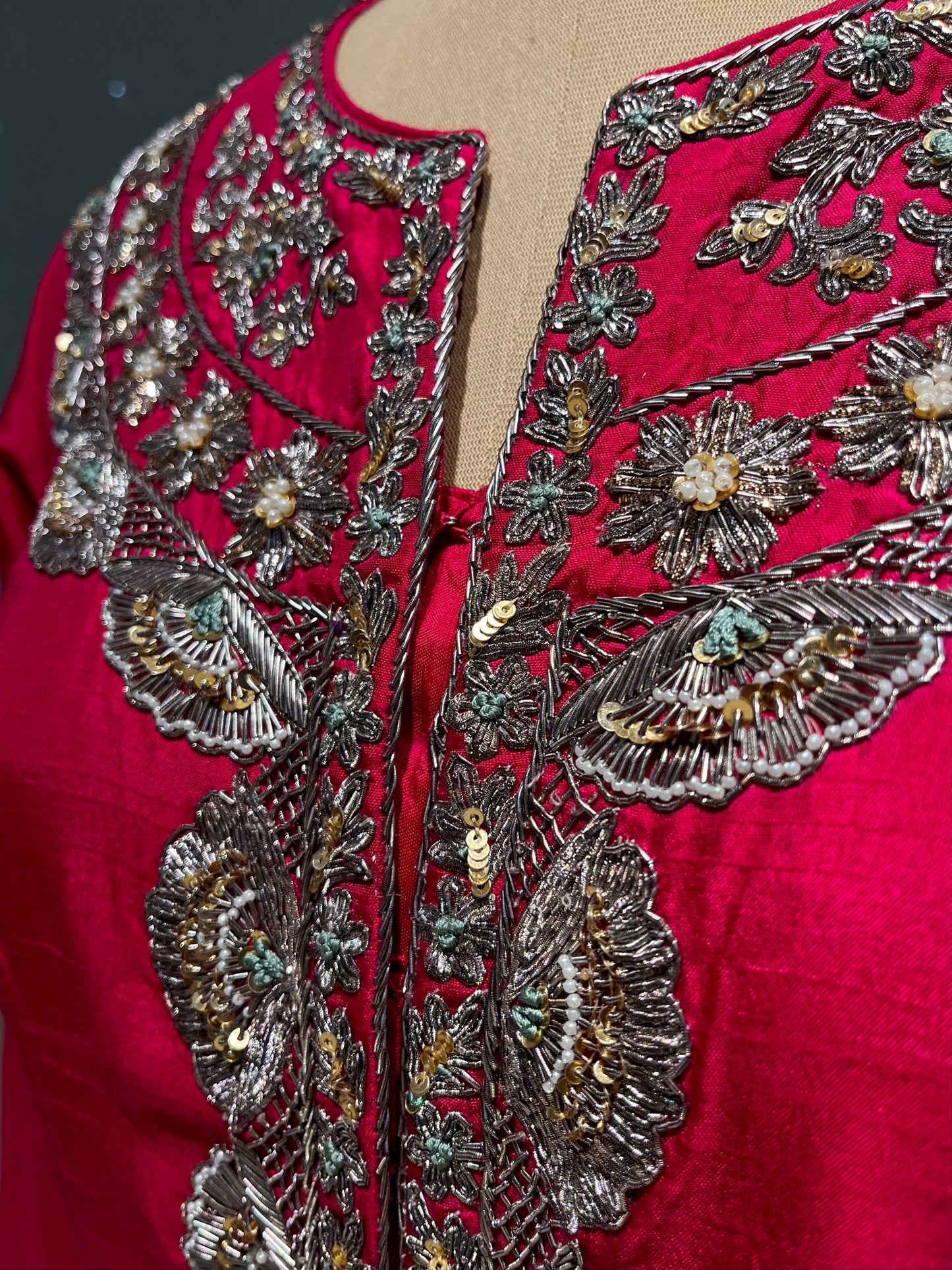 FUCHSIA PINK PURE RAW SILK ZARDOZI WORK EMBELLISHED INDO-WESTERN DRESS WITH FRONT-OPEN KURTA AND PALAZZO PANTS