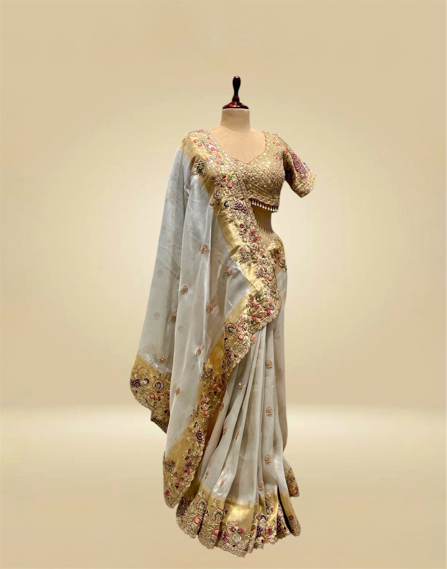 IVORY & GOLD COLOUR TISSUE SAREE WITH KASAB & RESHAM EMBROIDERY, PAIRED WITH A READYMADE BLOUSE