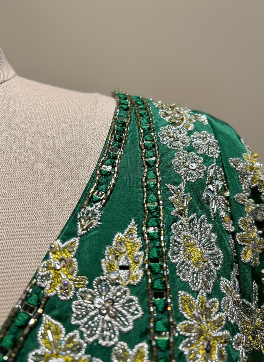 EMERALD GREEN CREPE SILK PICHWAI LEHENGA WITH AARI, DORI, MIRROR & SEQUINS WORK HIGHLIGHTS (DELIVERY IN 30 DAYS)