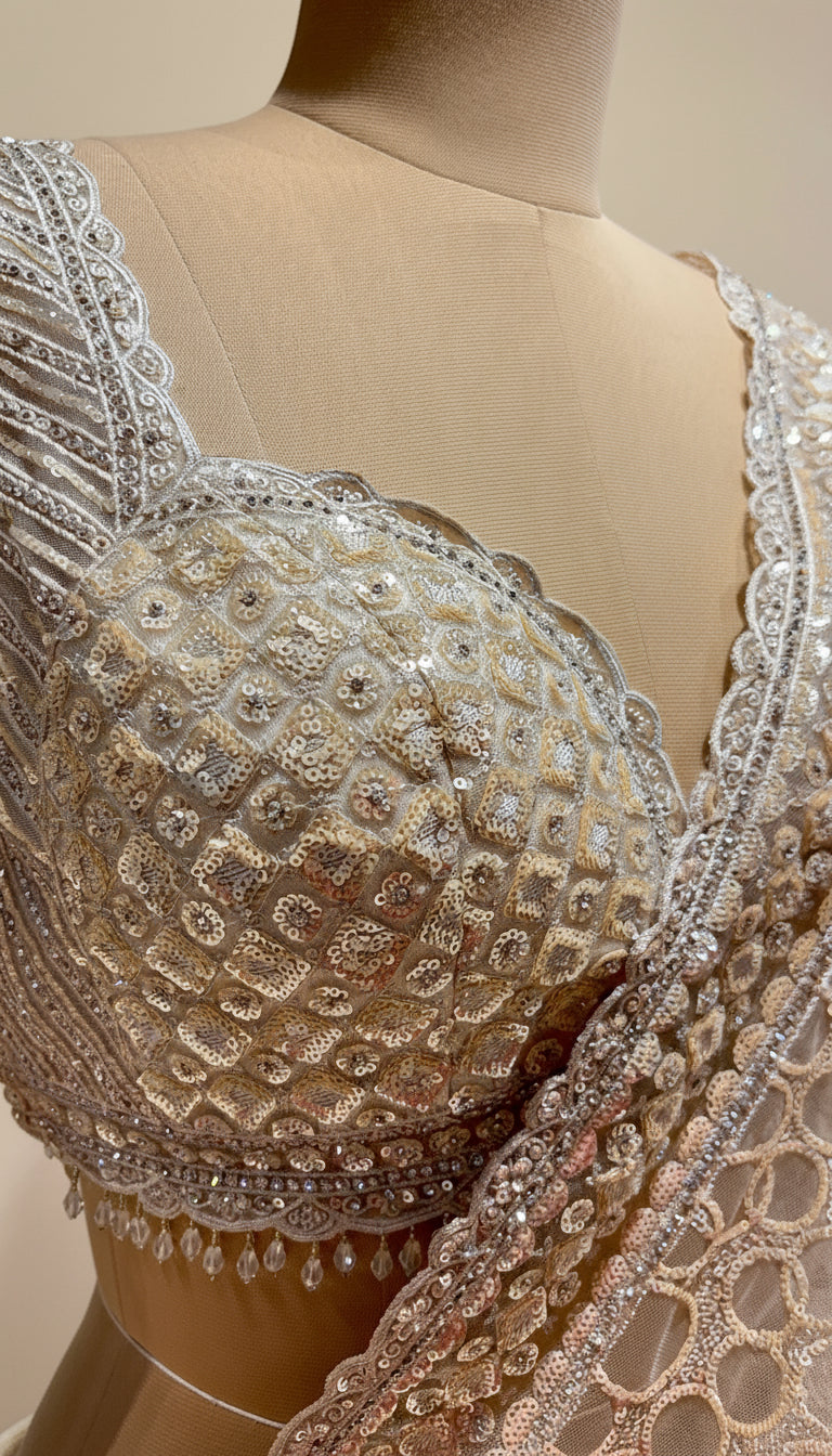 CHAMPAGNE BEIGE COLOUR NET SAREE WITH SEQUIN EMBROIDERY AND READYMADE BLOUSE