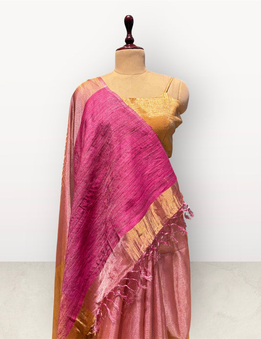 GOLDEN MACLENO & PINK TISSUE SAREE WITH FUCHSIA COLOUR RAW SILK PALLA