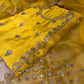 BRIGHT YELLOW PURE SILK MIRROR WORK EMBELLISHED UNSTITCHED SUIT WITH CREPE SILK BOTTOM & ORGANZA DUPATTA