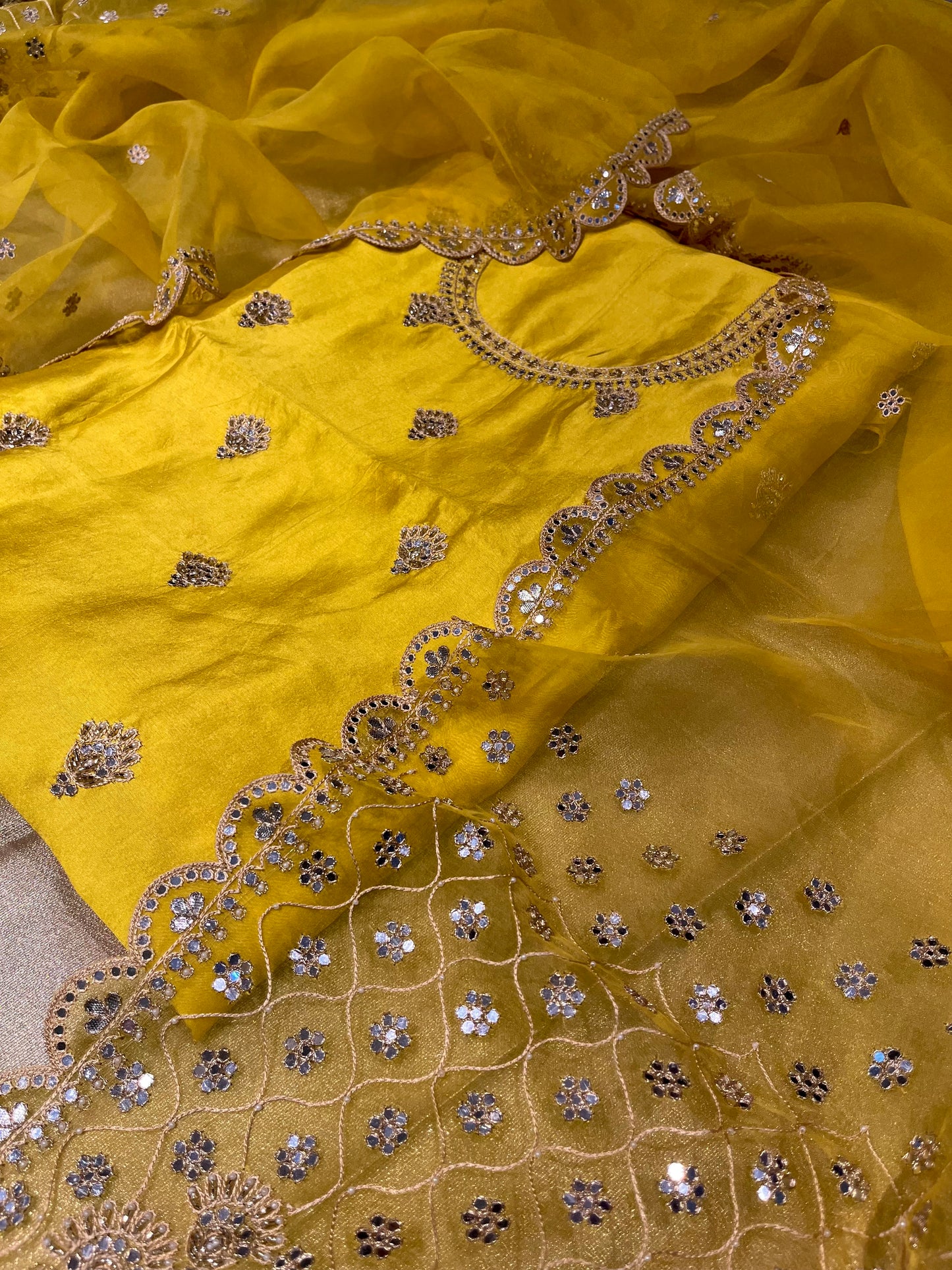 BRIGHT YELLOW PURE SILK MIRROR WORK EMBELLISHED UNSTITCHED SUIT WITH CREPE SILK BOTTOM & ORGANZA DUPATTA