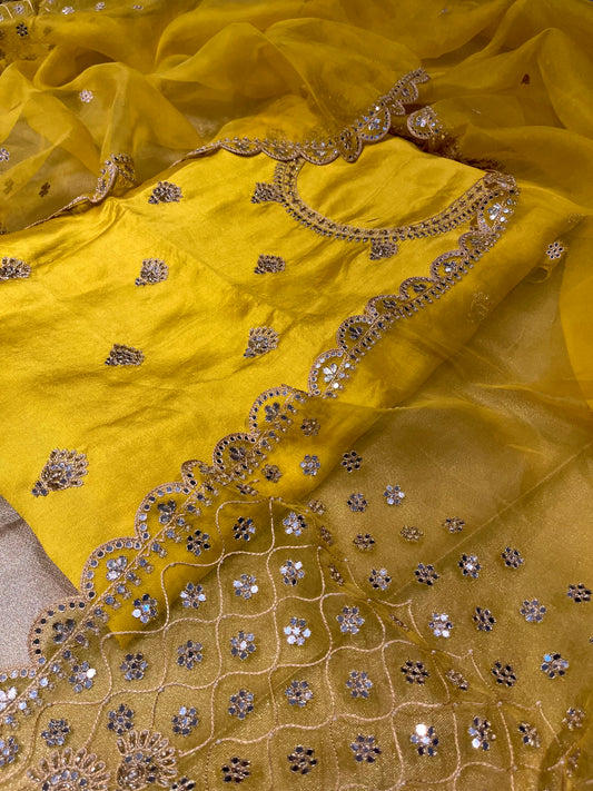 BRIGHT YELLOW PURE SILK MIRROR WORK EMBELLISHED UNSTITCHED SUIT WITH CREPE SILK BOTTOM & ORGANZA DUPATTA