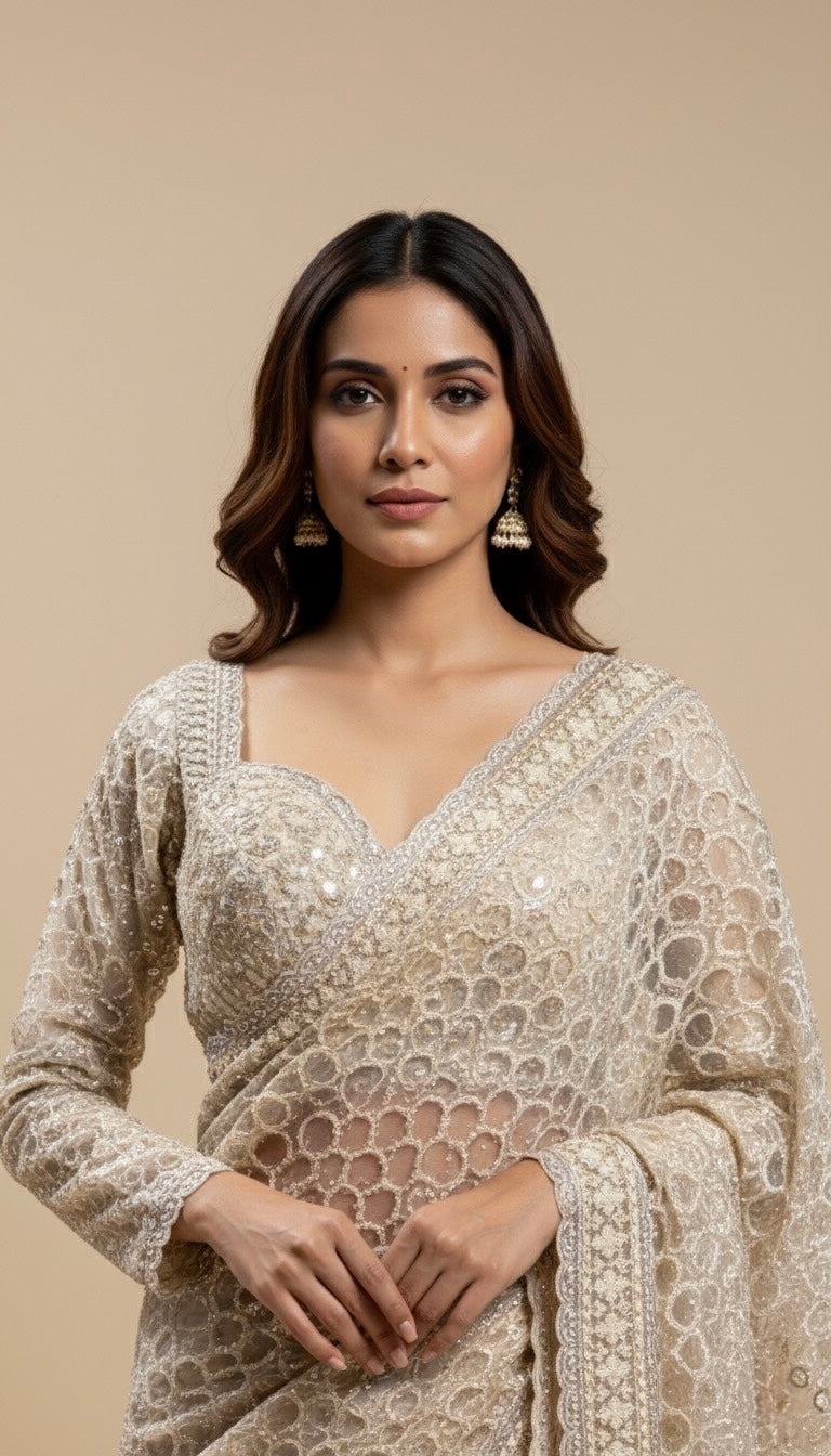 CHAMPAGNE BEIGE COLOUR NET SAREE WITH SEQUIN EMBROIDERY AND READYMADE BLOUSE