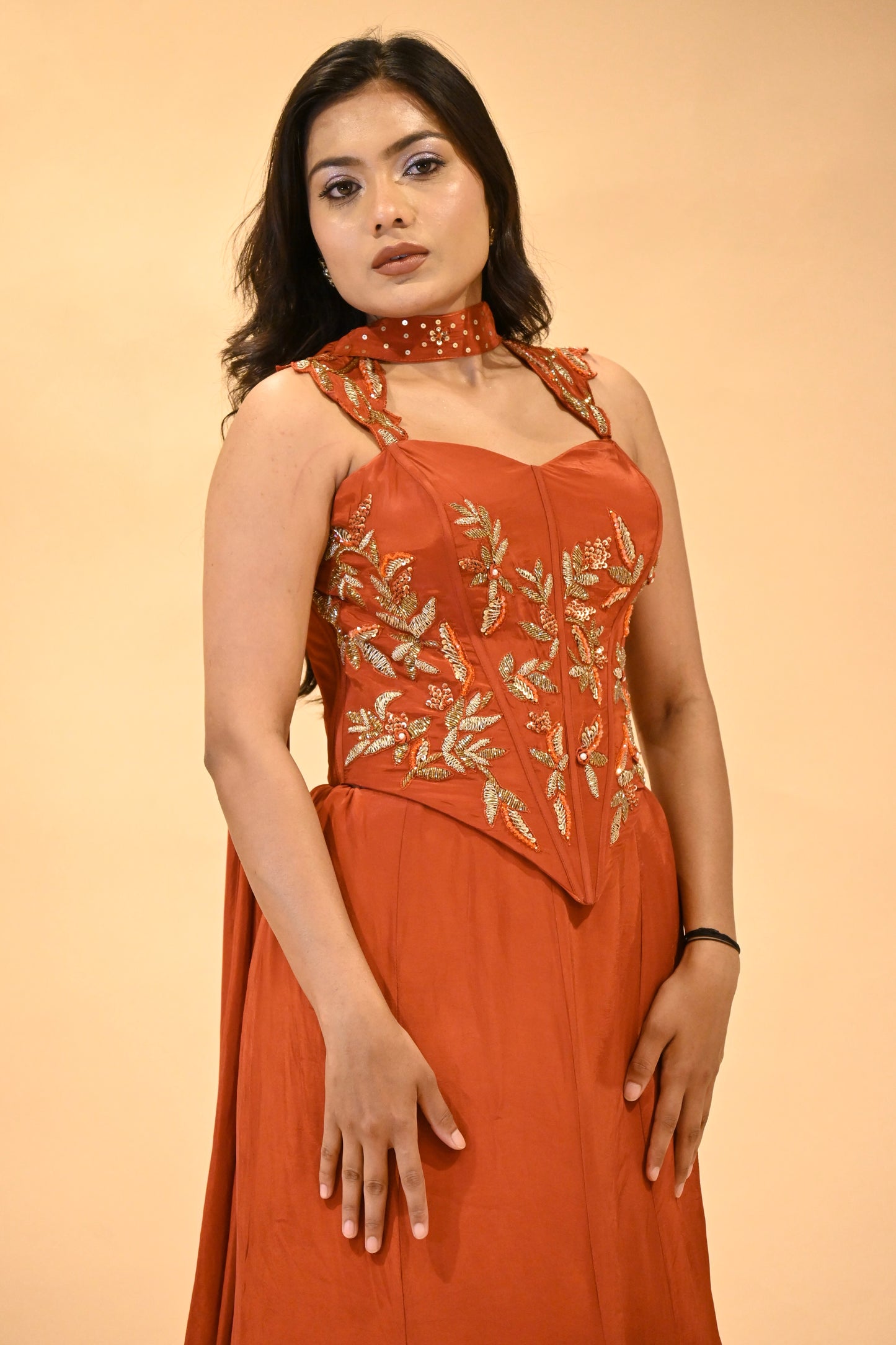 RUST-ORANGE EMBROIDERED CORSET TOP & FISH-CUT RUFFLED SKIRT SET