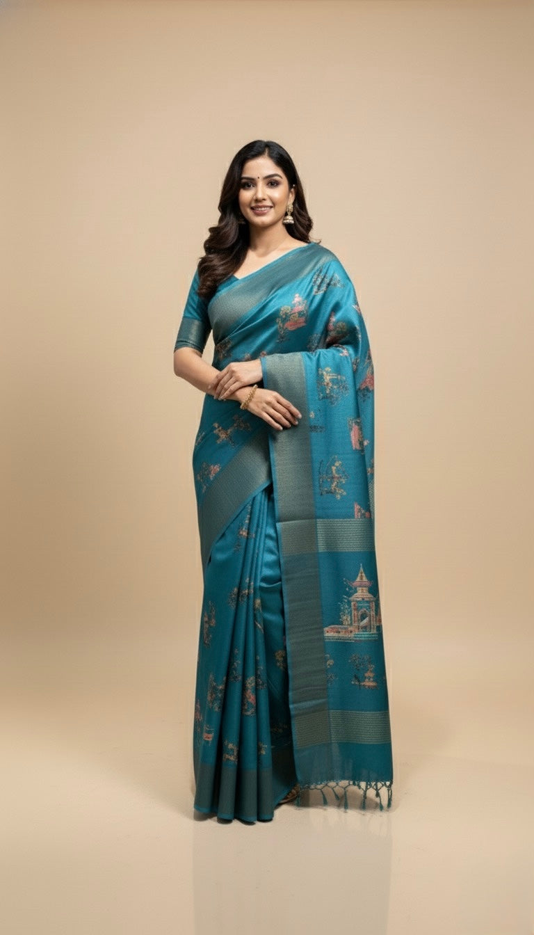 SEA BLUE COLOUR PURE TUSSAR SILK PRINTED SAREE WITH ZARI BORDER