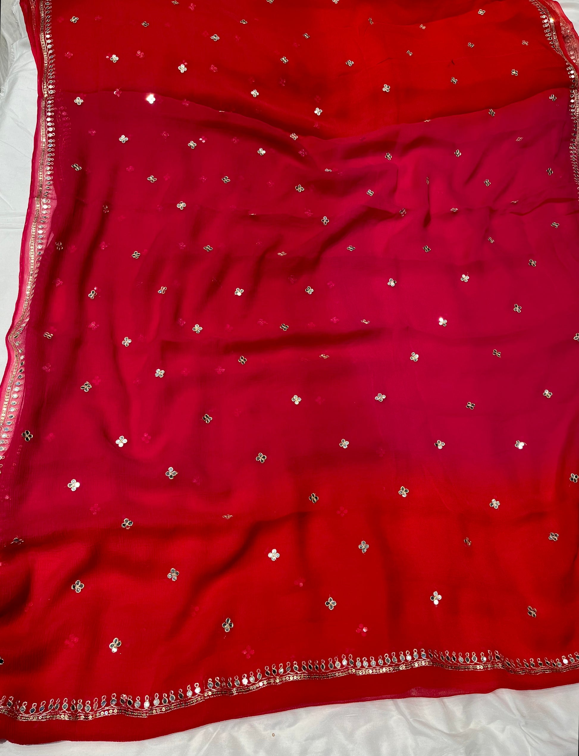 RED & PINK SHADED CHIFFON SAREE EMBELLISHED WITH FOIL MIRROR WORK - Kothari Sons
