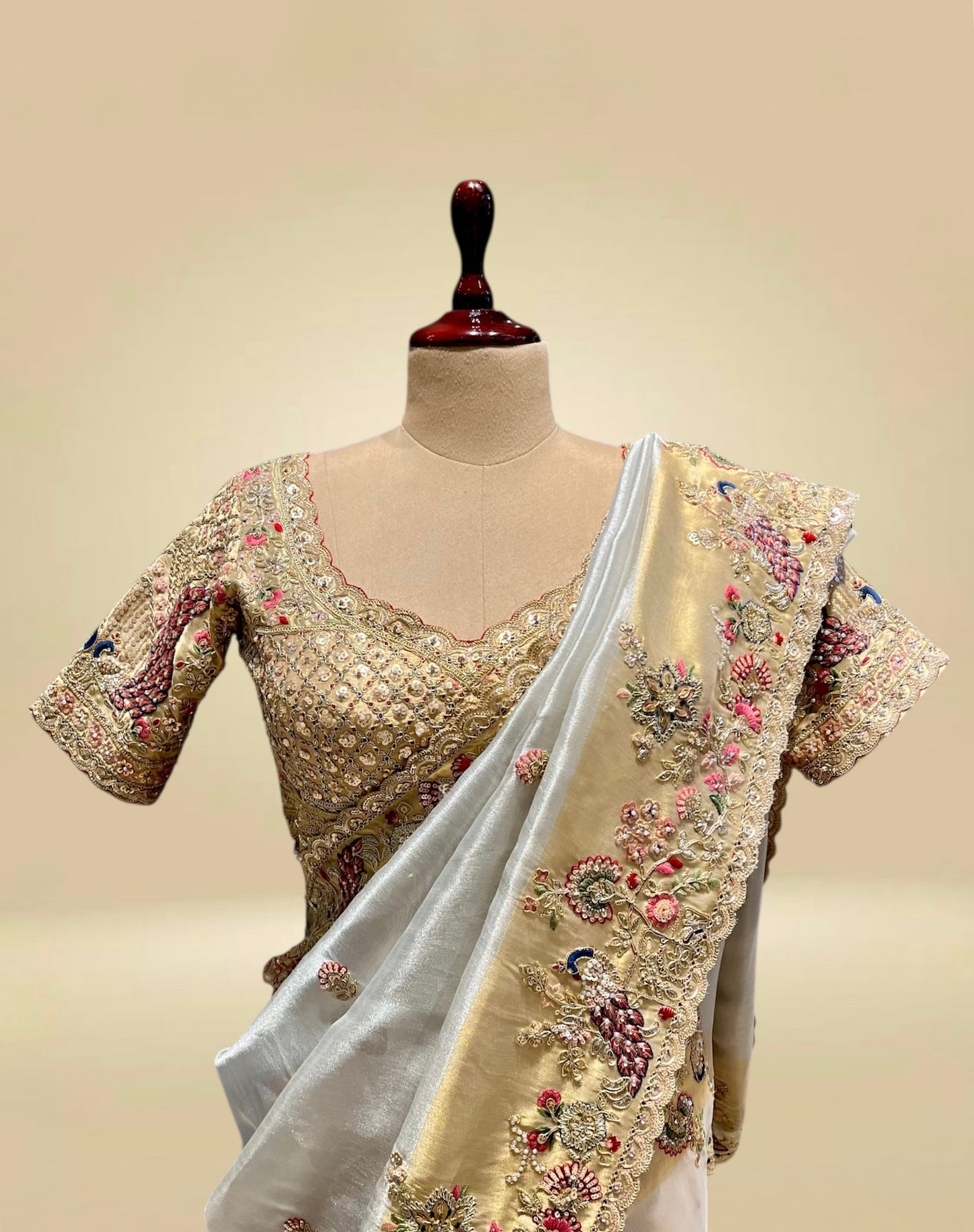 IVORY & GOLD COLOUR TISSUE SAREE WITH KASAB & RESHAM EMBROIDERY, PAIRED WITH A READYMADE BLOUSE