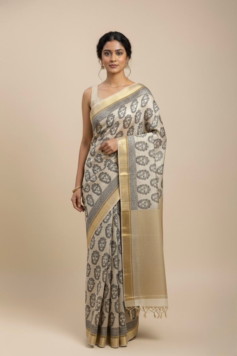 BEIGE PURE MUNGA SILK PRINTED SAREE WITH ZARI BORDER