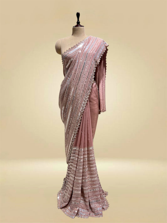 DUSTY ROSE COLOUR TISSUE SEQUINS HAND EMBROIDERED SAREE