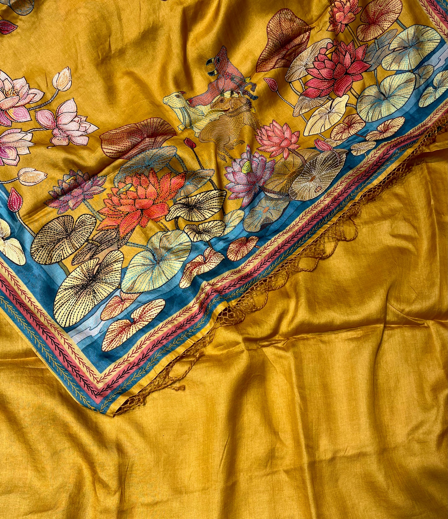 MUSTARD COLOUR PURE TUSSAR SILK EMBROIDERED SAREE