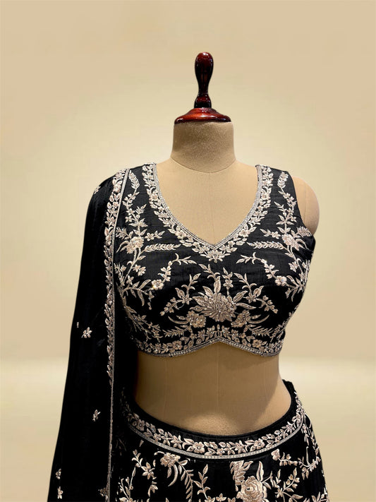 BLACK SILK PARSI EMBROIDERY LEHENGA