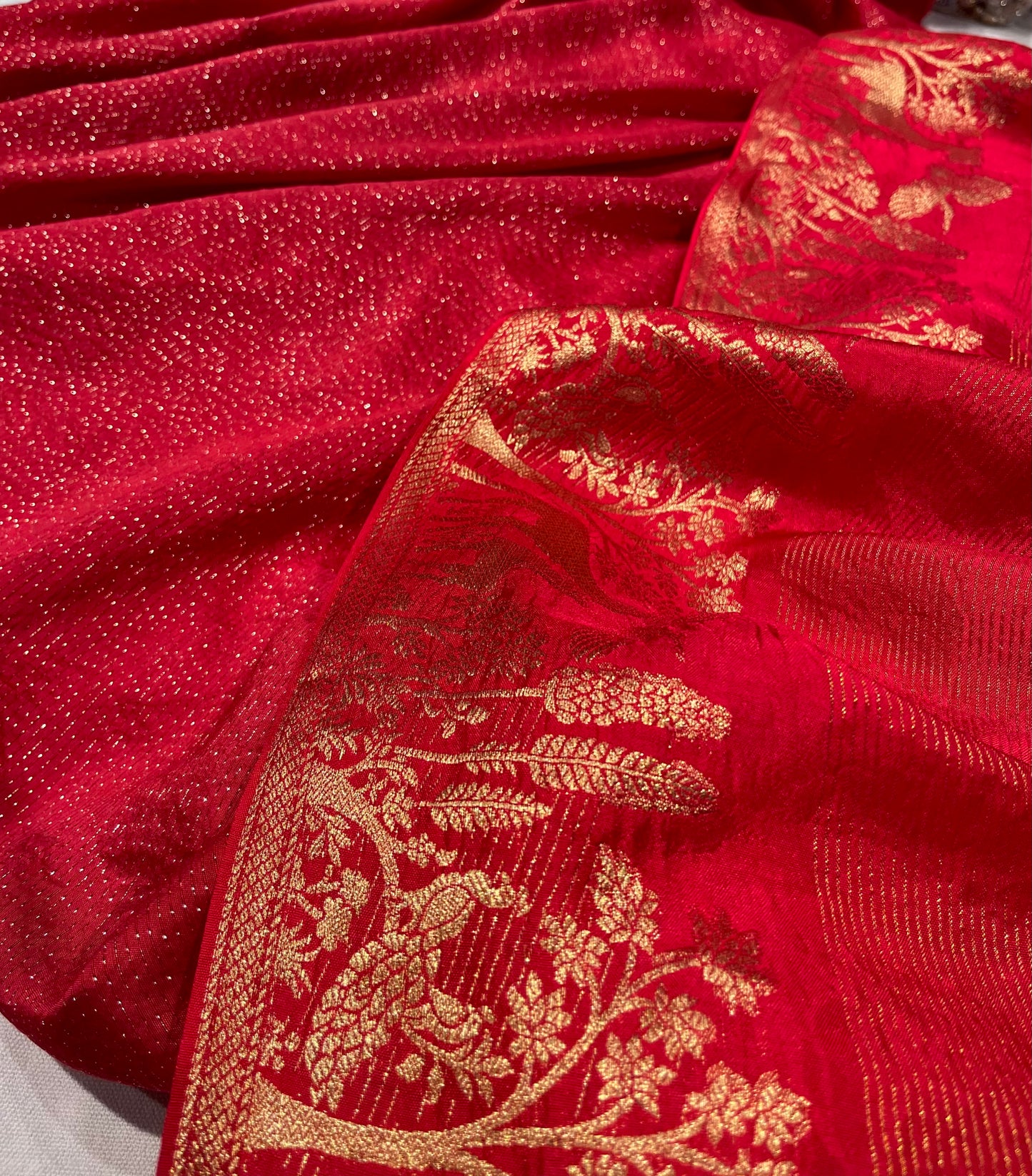 BRIGHT RED DOLA SILK ZARI STRIPE SAREE