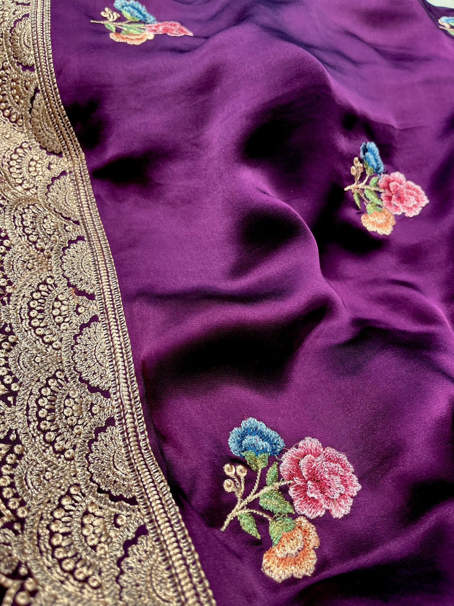 RAISIN PURPLE SATIN SILK PARSI EMBROIDERED SAREE (DELIVERY IN 20 DAYS)