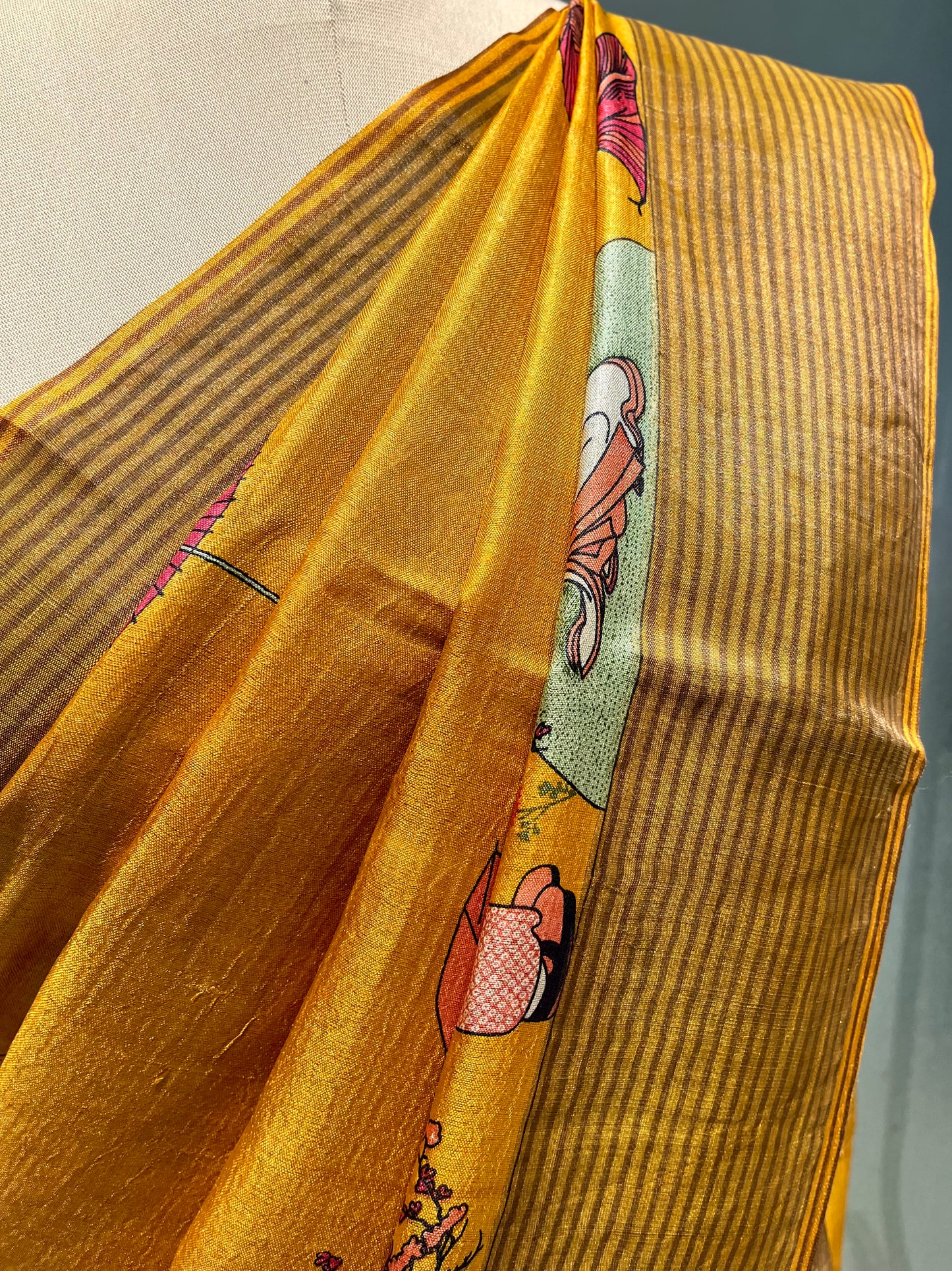 MUSTARD COLOUR PURE TUSSAR SILK PRINTED SAREE WITH ZARI BORDER